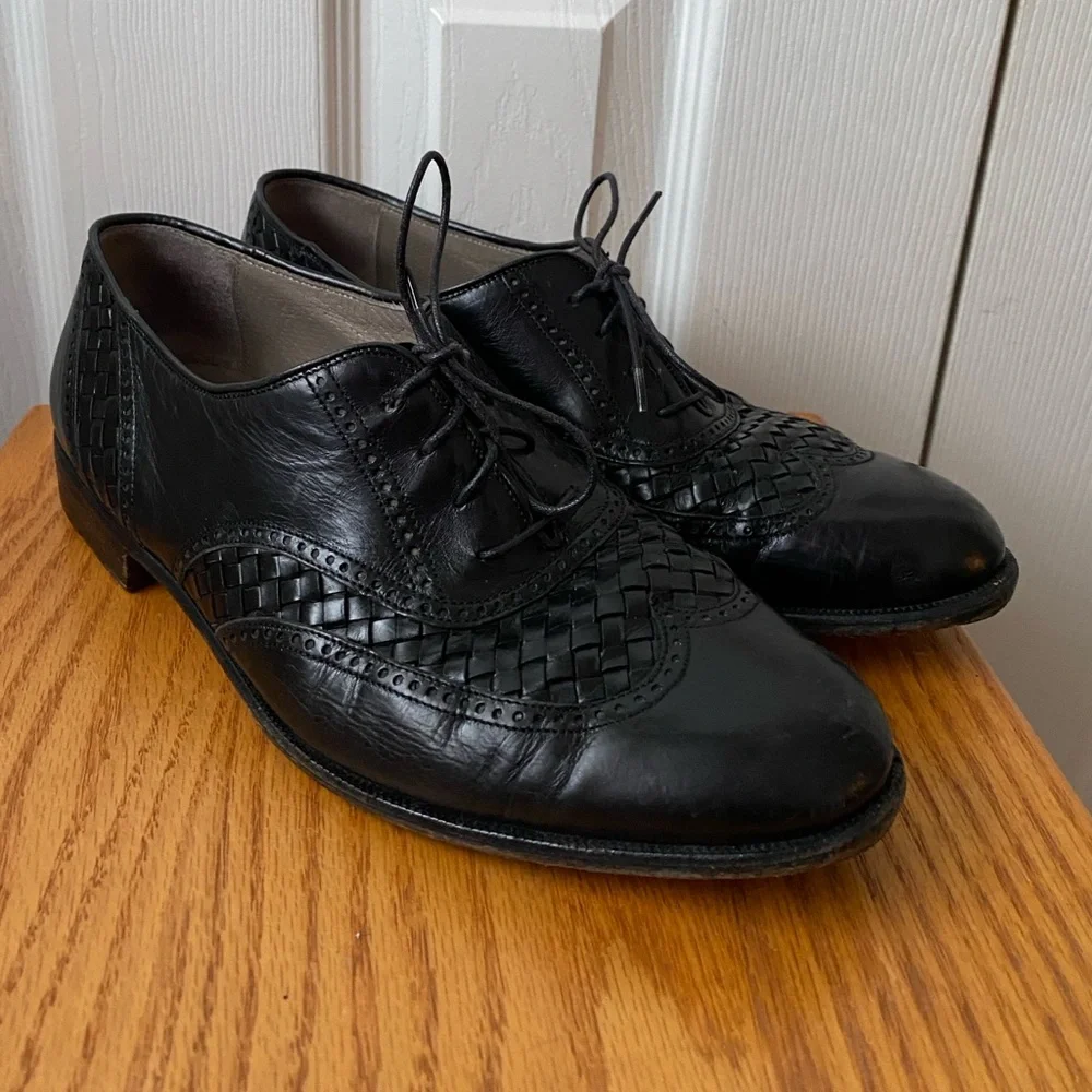 BALLY Black Leather Woven Detail Wingtip Derby Shoes SZ 8